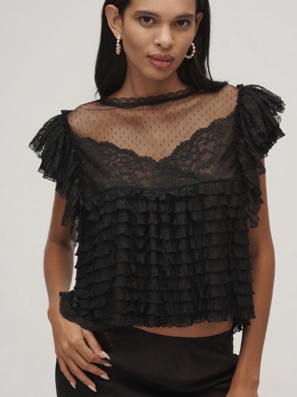 Anthropologie Black Lace Ruffle Sheer Blouse
